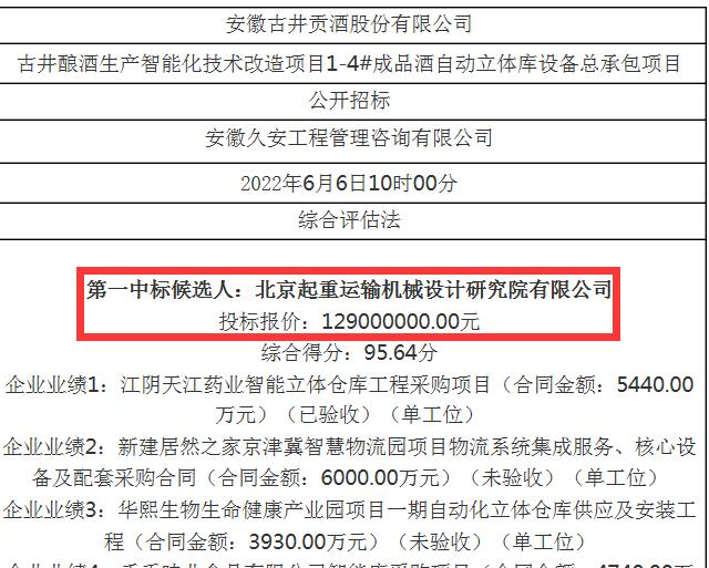 1.3亿元成品酒自动立体库设备总承包项目中标候选人招标公告20220607